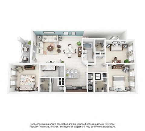 Floor plan for 3 beds, 2 baths, 1402 sqft